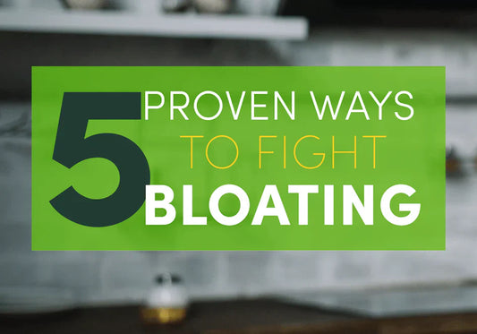 Title card: 5 proven ways to fight bloating with kitchen background