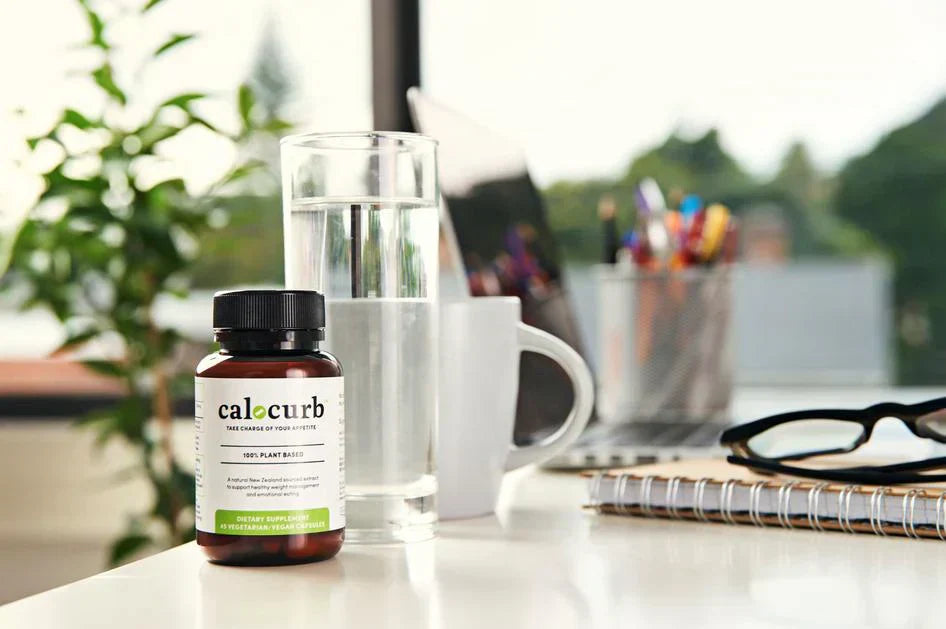 Calocurb GLP-1 supplement on desk for natural appetite suppressant and focus support