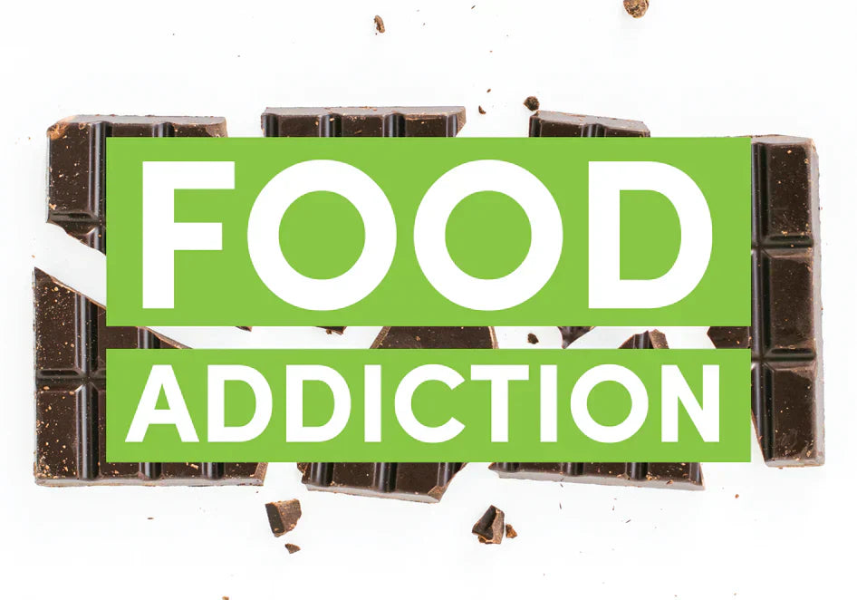 Broken chocolate bar with bold text highlighting food addiction and compulsive eating behaviors