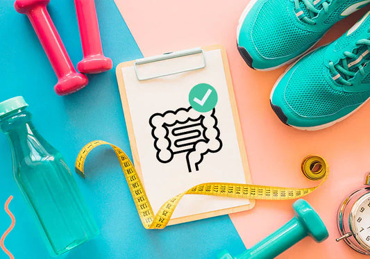 Gut health checklist surrounded by fitness gear including dumbbells, running shoes, water bottle and measuring tape