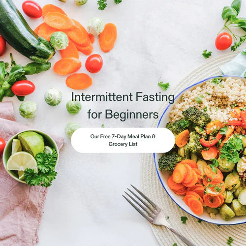 Colorful plant-based meal with vegetables and grains promoting a 7-day intermittent fasting plan for beginners