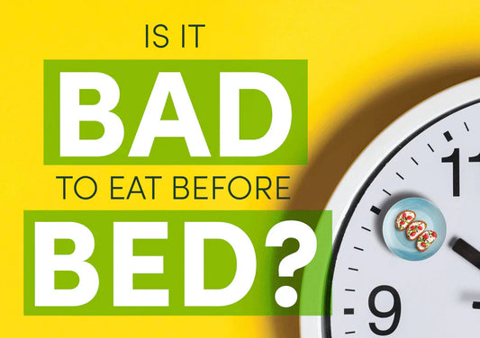 Clock and text asking if it’s bad to eat before bed, with plate of food near 9 PM