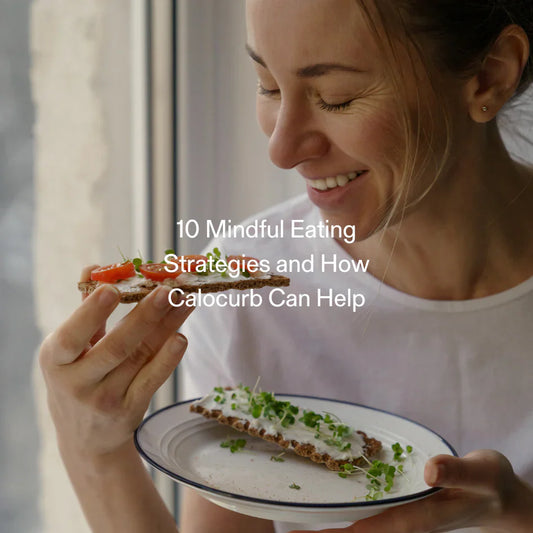 Smiling woman eating healthy snack – mindful eating paired with natural GLP-1 support from Calocurb