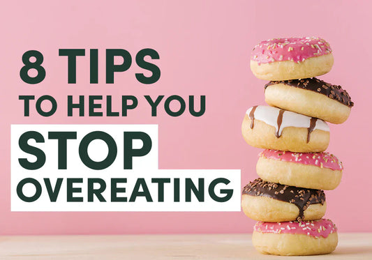 Stacked donuts with text 8 tips to help you stop overeating, promoting mindful eating and portion control