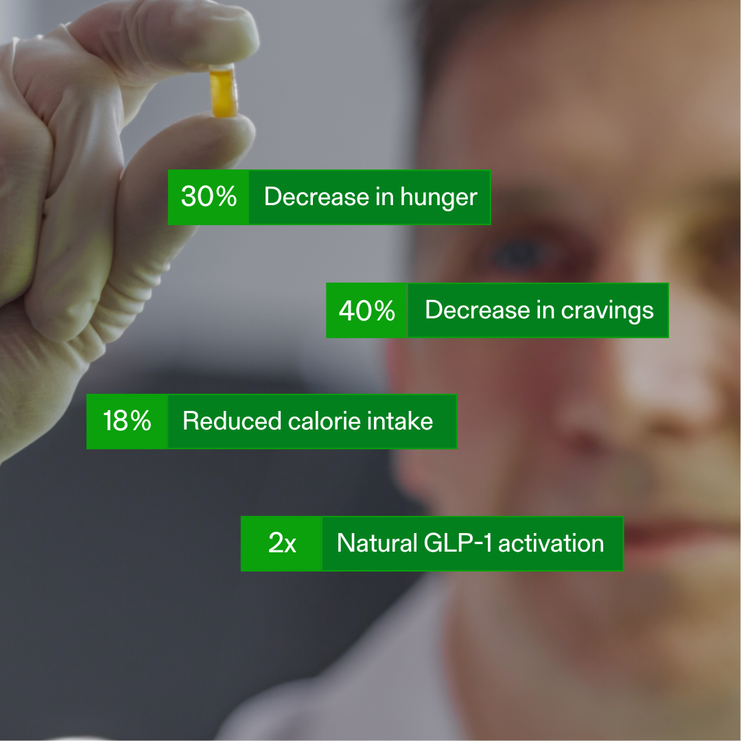Scientist holding Calocurb capsule – natural GLP-1 supplement shown to decrease hunger, cravings, and calorie intake
