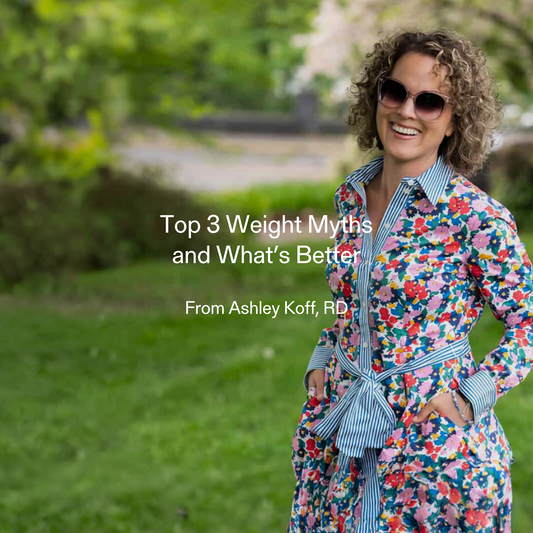 Registered dietitian Ashley Koff smiling outdoors in a floral dress for a blog on common weight loss myths and healthier approaches.