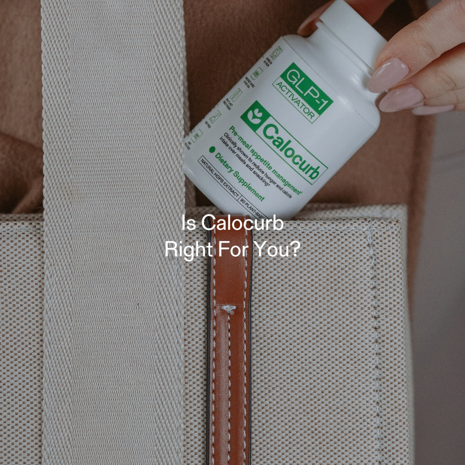 Woman placing Calocurb GLP-1 supplement bottle into handbag for natural appetite support on-the-go