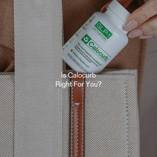 Woman placing Calocurb GLP-1 supplement bottle into handbag for natural appetite support on-the-go