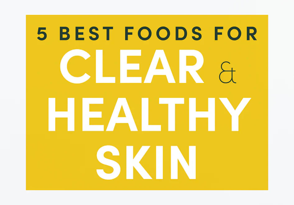 Graphic highlighting 5 best foods for clear and healthy skin on a bright yellow background