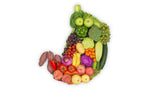Stomach shape made of colorful fruits and vegetables symbolizing foods that support digestion and gut health