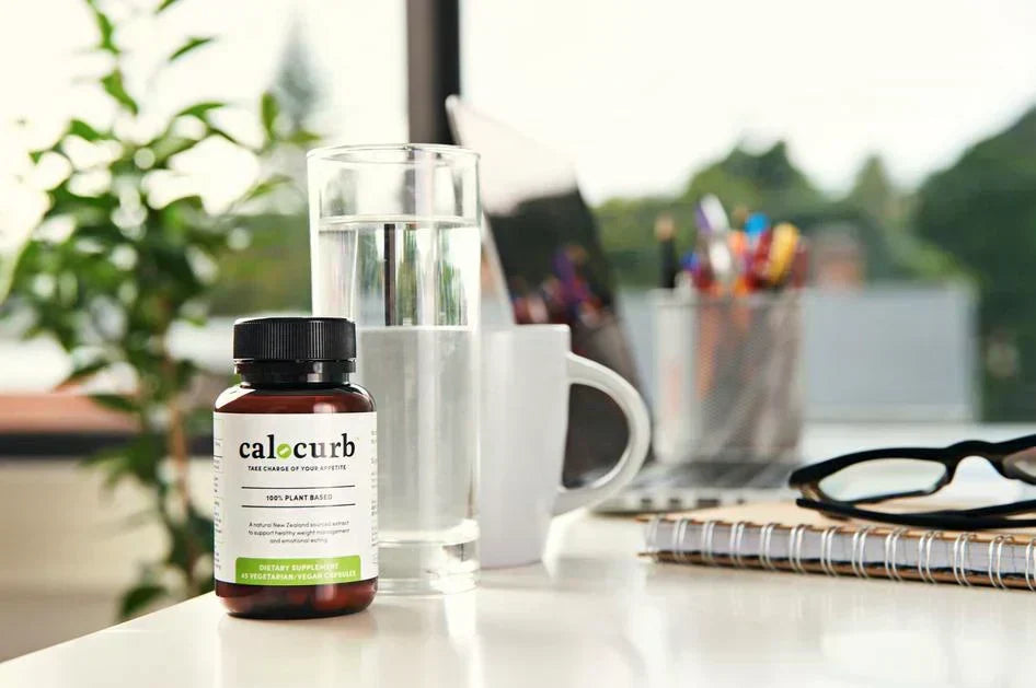 Calocurb GLP-1 supplement on desk for natural appetite suppressant and focus support