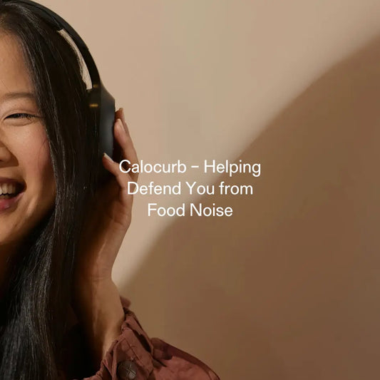 A smiling woman wearing headphones with the headline 'Calocurb – Helping Defend You from Food Noise' overlaid on a soft background