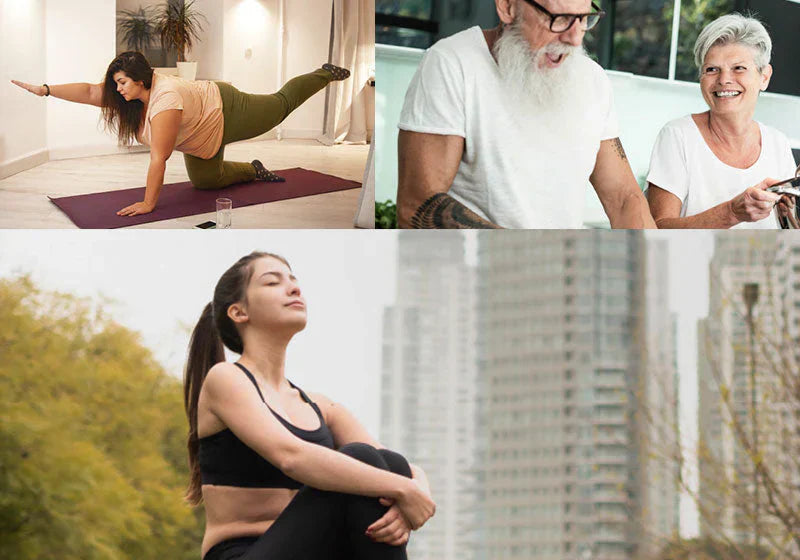 Diverse people practicing wellness through yoga, fitness tech, and outdoor meditation