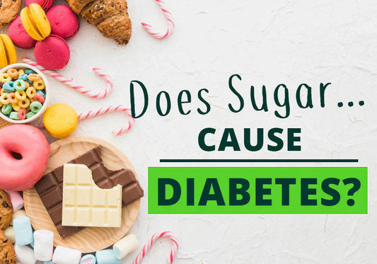 Assorted sugary treats and candy with question text about sugar causing diabetes