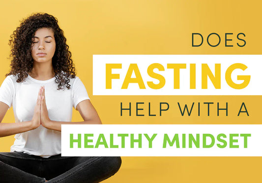 Woman meditating with text asking if fasting helps with a healthy mindset, promoting mental clarity and fasting benefits