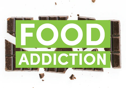 Broken chocolate bar with bold text highlighting food addiction and compulsive eating behaviors