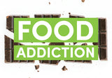 Broken chocolate bar with bold text highlighting food addiction and compulsive eating behaviors
