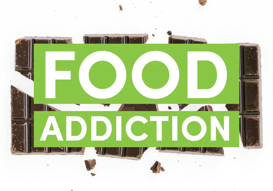 Broken chocolate bar with bold text highlighting food addiction and compulsive eating behaviors