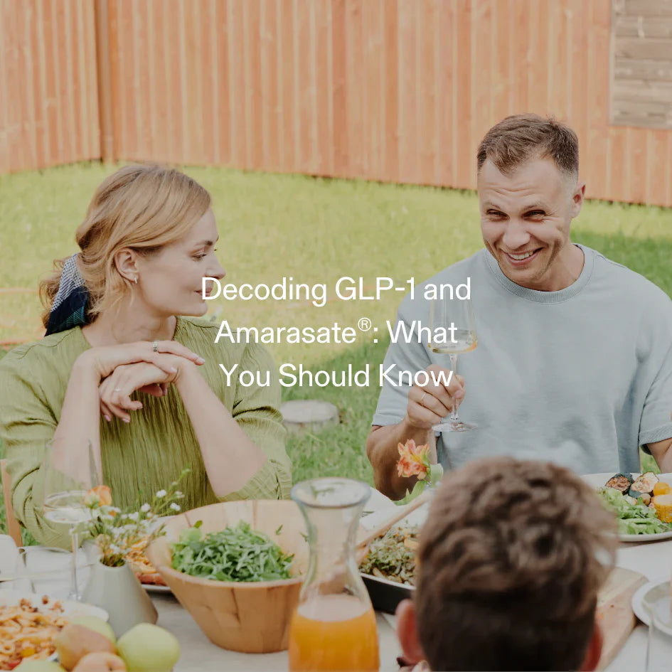 Group dining outdoors – discussing GLP-1 support and Amarasate® as natural appetite control solutions