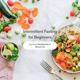 Colorful plant-based meal with vegetables and grains promoting a 7-day intermittent fasting plan for beginners