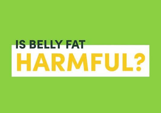 Graphic text reading 'Is belly fat harmful?' on a bright green background to promote awareness of abdominal fat risks