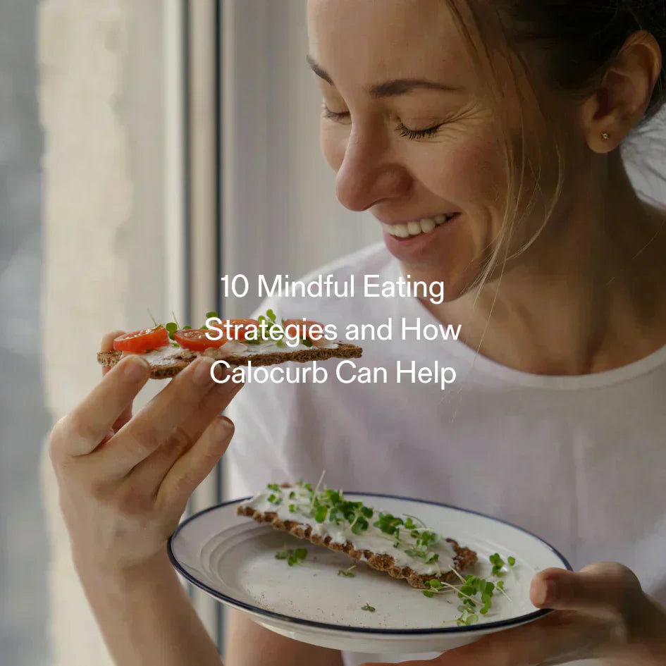 Smiling woman eating healthy snack – mindful eating paired with natural GLP-1 support from Calocurb