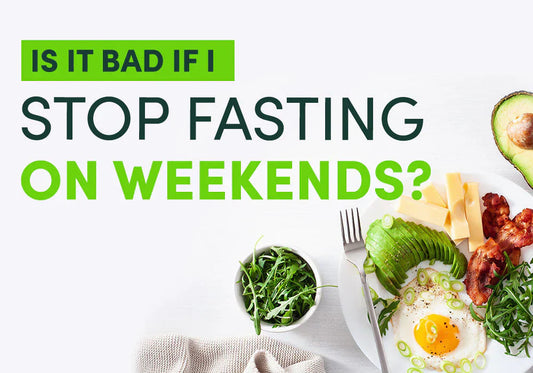 Graphic asking if it's bad to stop fasting on weekends with healthy keto breakfast plate in background