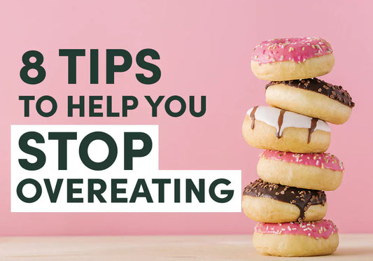 Stacked donuts with text 8 tips to help you stop overeating, promoting mindful eating and portion control