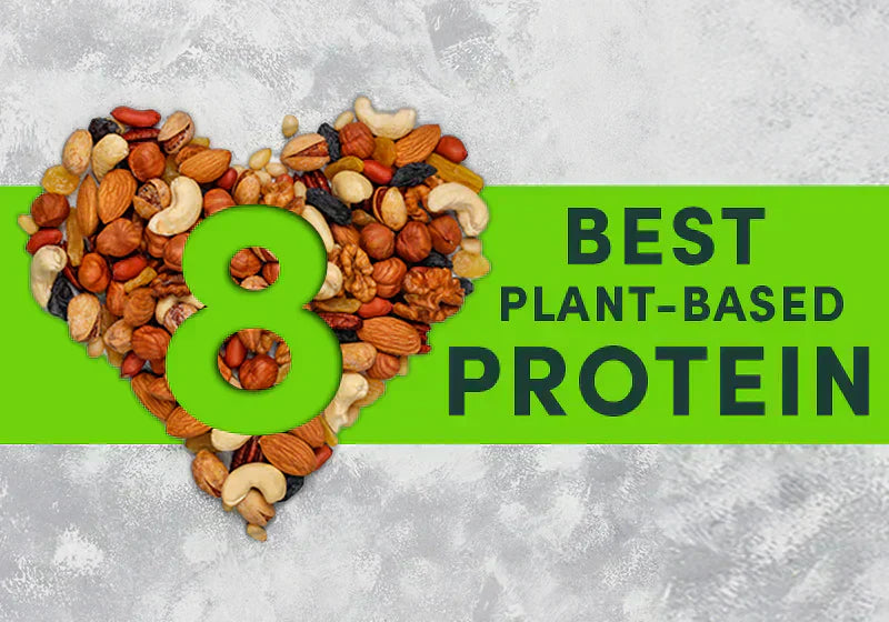 Heart-shaped mix of nuts and seeds with text highlighting 8 best plant-based protein sources