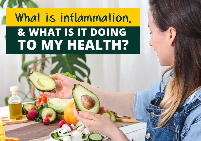 Woman preparing avocados with text about inflammation and its health effects, emphasizing anti-inflammatory nutrition