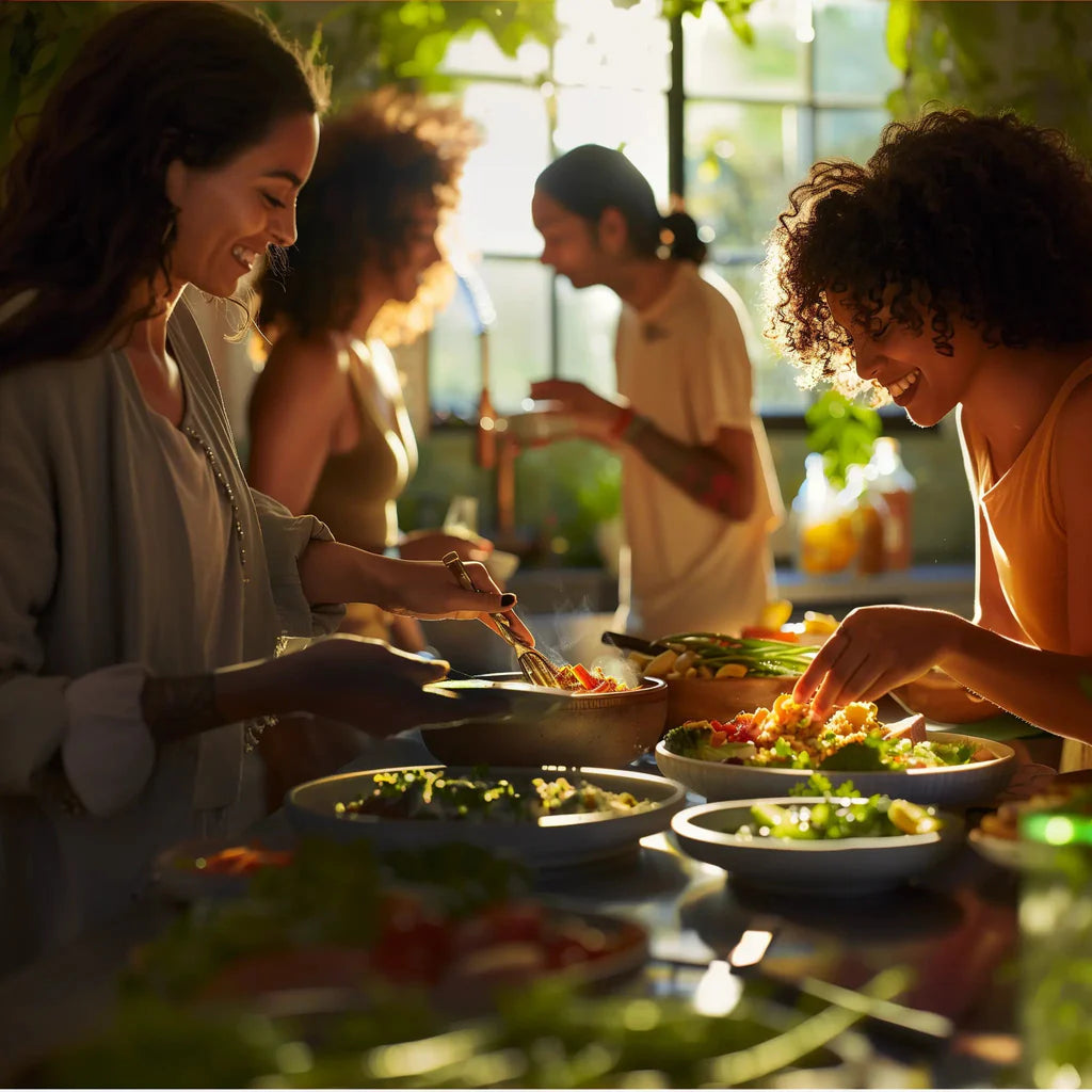 Friends preparing fresh salads and warm dishes together in a sunlit kitchen with vibrant greenery